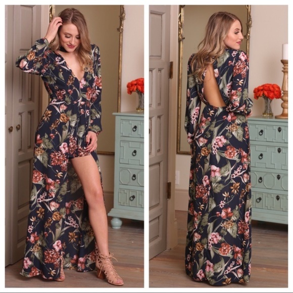 LAST ONE! Gorgeous Navy Floral Print Romper-Maxi - Picture 4 of 4